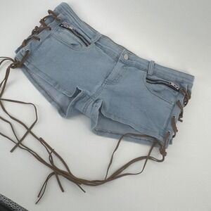 Fashion Nova Womens Light Wash Lace Up Side Denim Shorts Blue Festival Size L